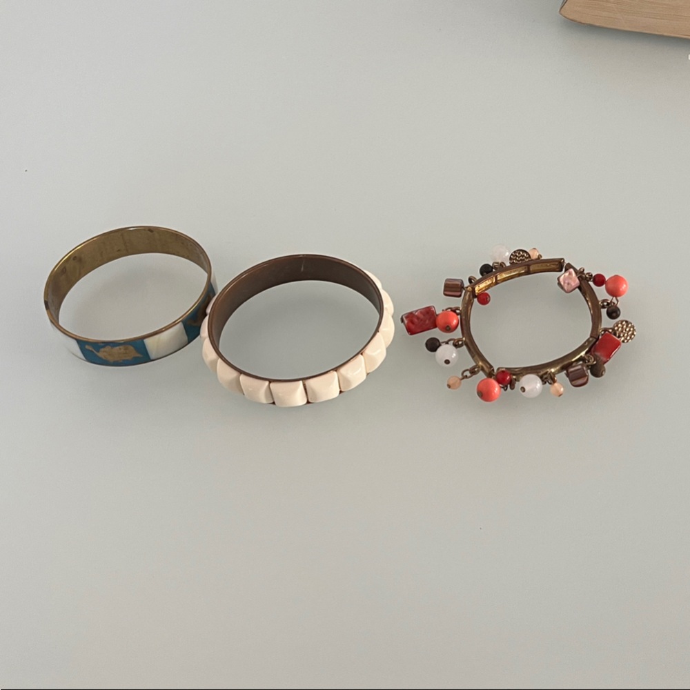 Set of Three Mixed Bangle Bracelets in Blue, Cream & Multicolor Beads